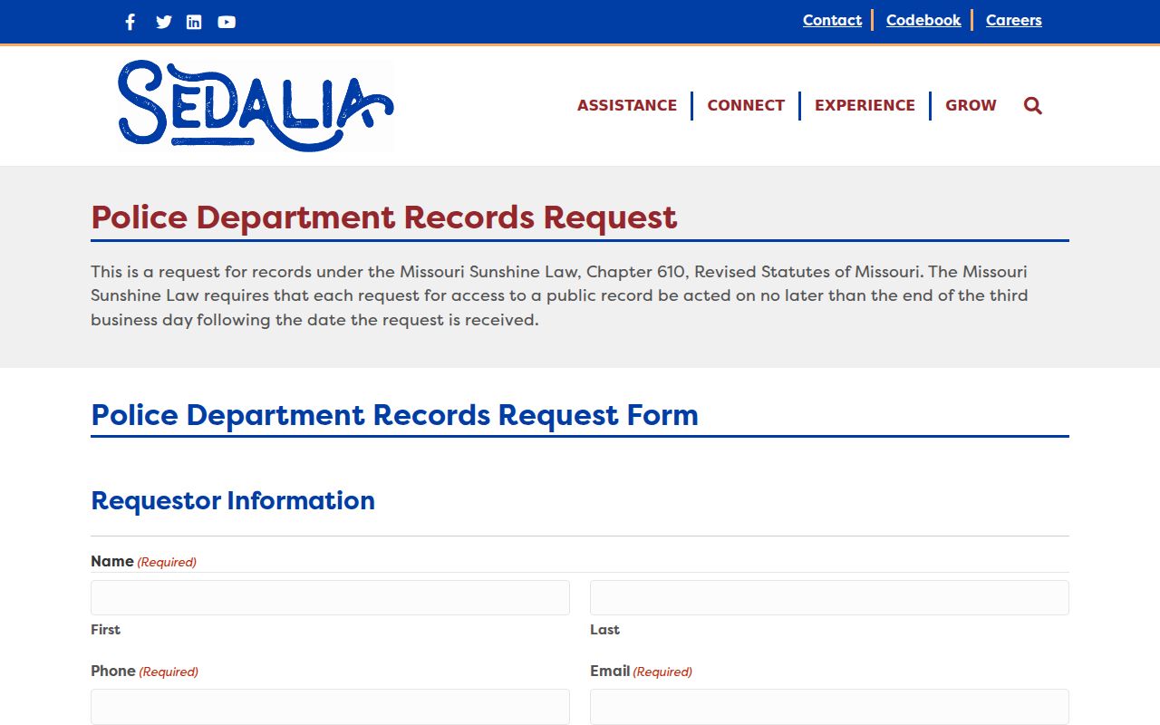Pettis County arrest record online request form for Sedalia Police